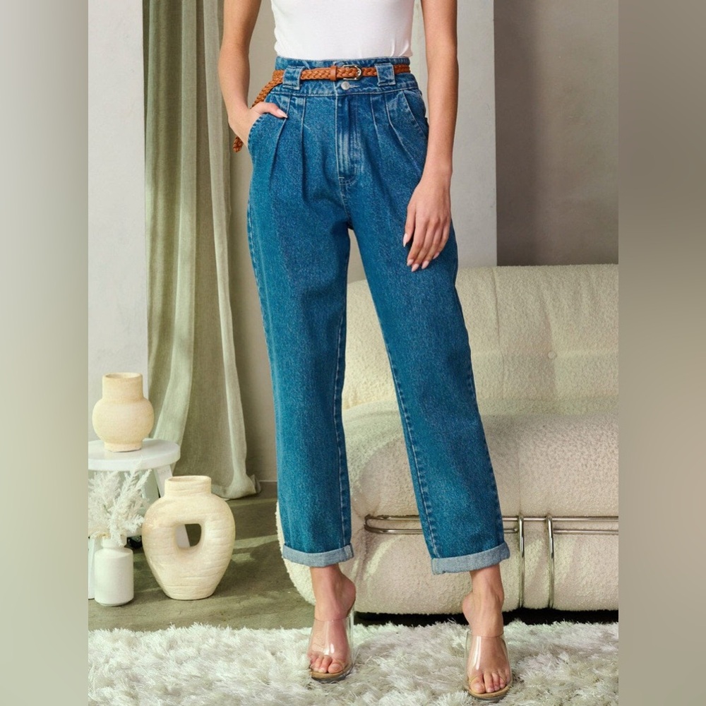 BLUE MEDIUM WASH HIGH WAIST BAGGY ROLL HEM BELTED DENIM JEANS